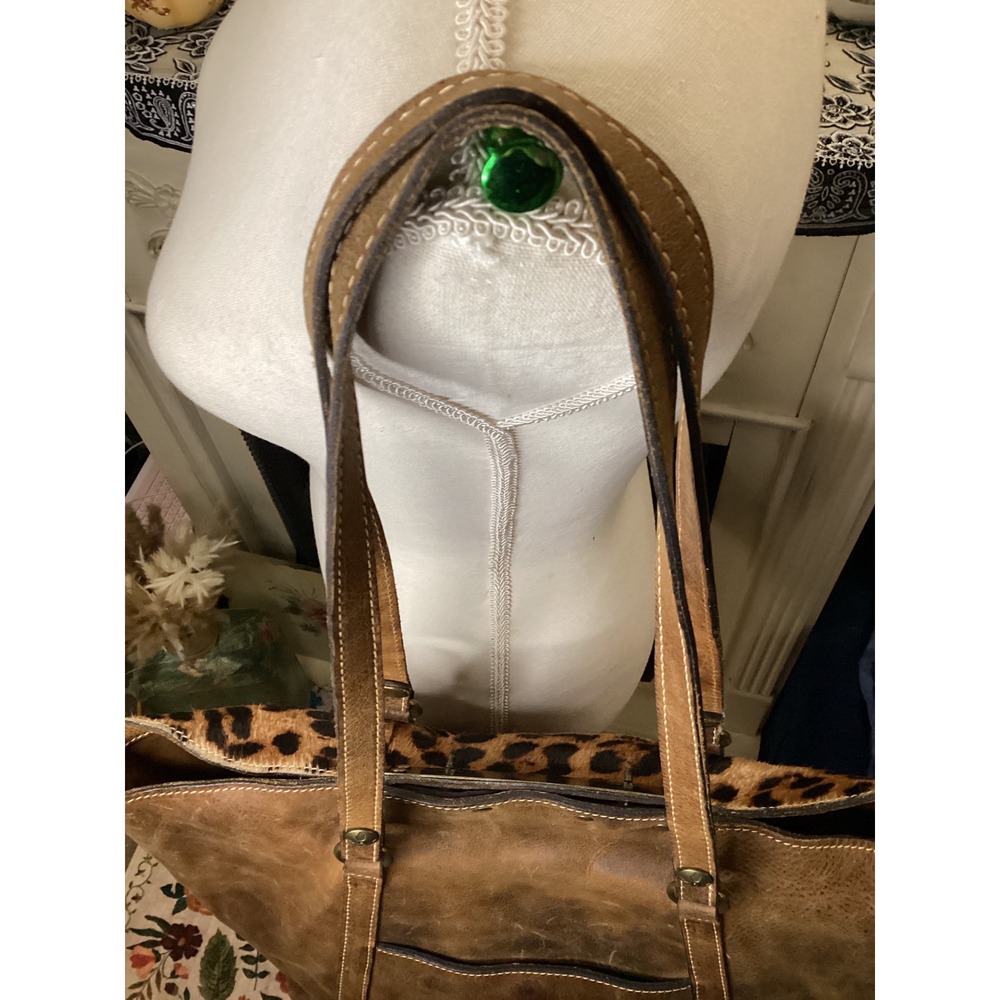 Patricia Nash Leopard Calf Hair Distressed Leather Tote Bag Brown Large Studded - Picture 7 of 10